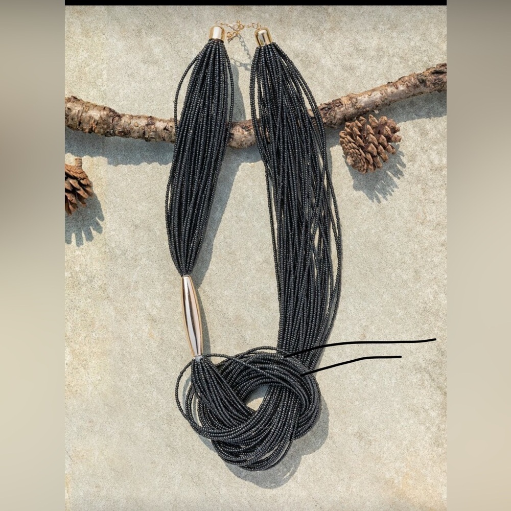Elegant Black Beaded Necklace with Gold Accent Boho Style